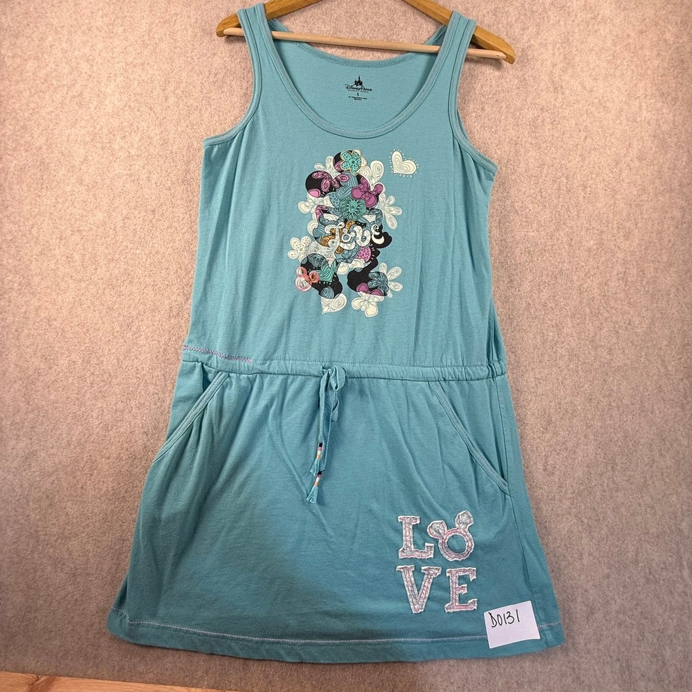 Disney Parks Minnie Mouse Love Graphic Tank Dress Turquoise Blue Small Pockets